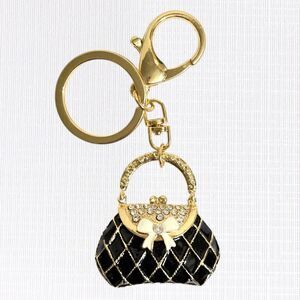 Handbag Charm Keychain Black Enamel Rhinestone Bow Gold Tone Metal Key Fob Purse